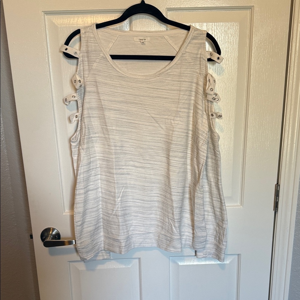Maurices White Striped Cold-Shoulder Tank with Tab Details